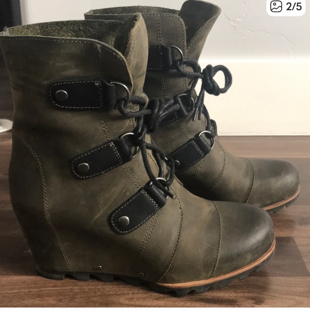 Olive Green Wedge Boots with Black Accents